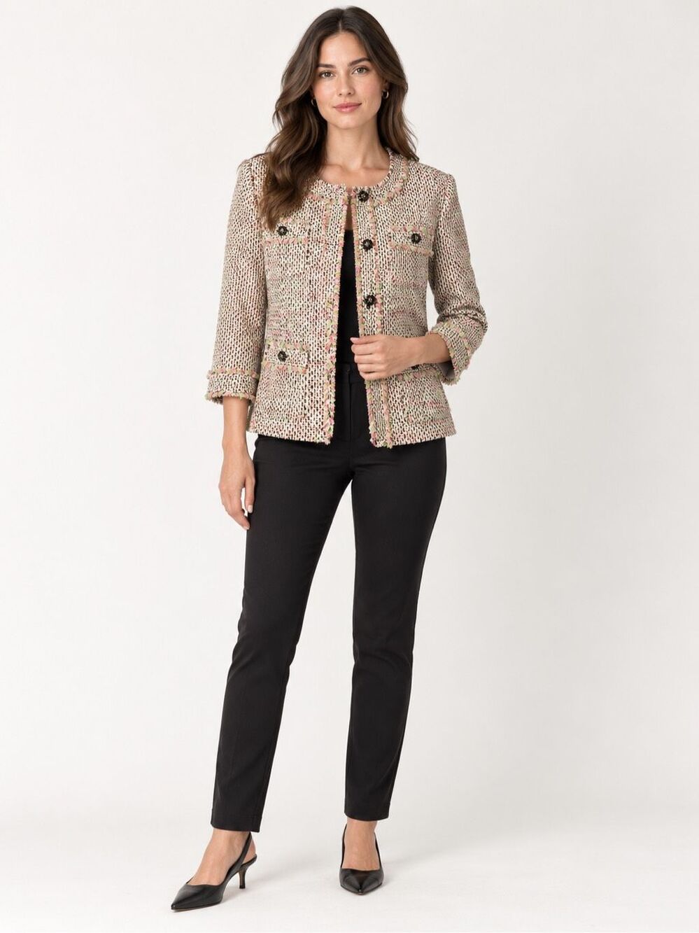 Talbots Petites 12P Multicolor Tweed Jacket Fringe Trim Black Gold Buttons Blaze